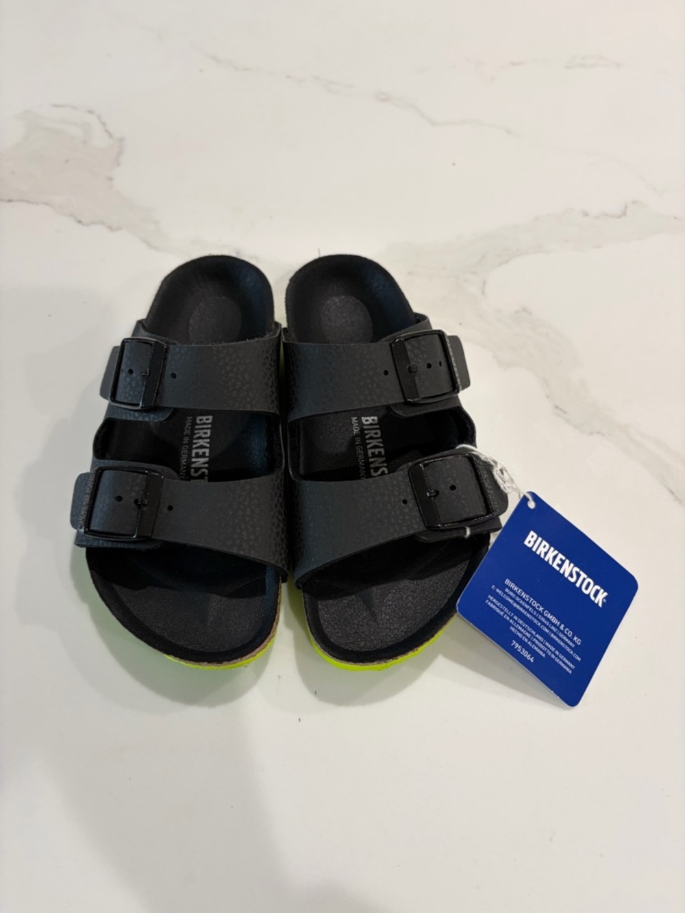 Birkenstock Kids Black Double-Strap Sandals with Neon Green Trim